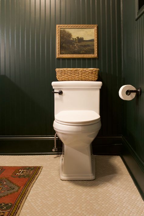 Need some water closet decor ideas? I'm helping a reader design her plain toilet area into something bold and beautiful. Dark Green Beadboard, Green And Cream Bathroom, Water Closet Decor, Moody Basement, Budget Powder Room, Green Beadboard, Dark Green Bathroom, Caulking Tips, Windowless Bathroom