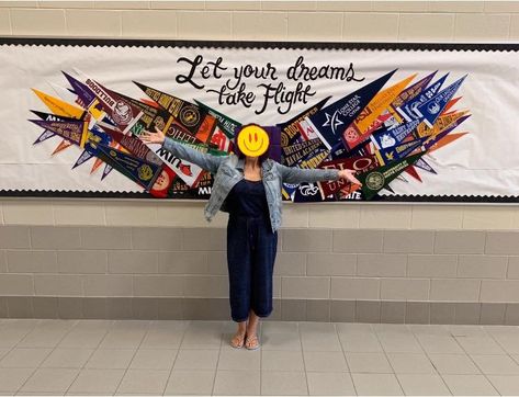 College Pennant Display Bulletin Boards, College Week Bulletin Board Ideas, College Center Decorations, College Career Center Decor, College Pennants In Classroom, High School Hallway Ideas, High School Career Center Decor, College Themed Classroom, College Career Bulletin Boards