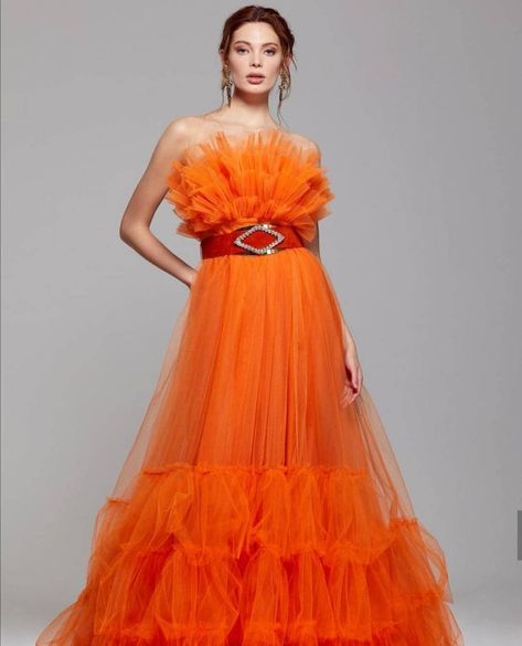 Orange Tulle Dress, Gowns For Party, Blue Tulle Dress, Orange Gown, Neon Dress, Tulle Dress Long, Orange Prom Dresses, Tulle Dresses, Tulle Party Dress