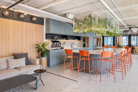 Swimm Offices - Tel Aviv | Office Snapshots Stool Coffee Table, Office Canteen, Office Break Room, Work Cafe, Office Pantry, Corporate Interior Design, Modular Lounge, Office Design Inspiration, Office Fit Out