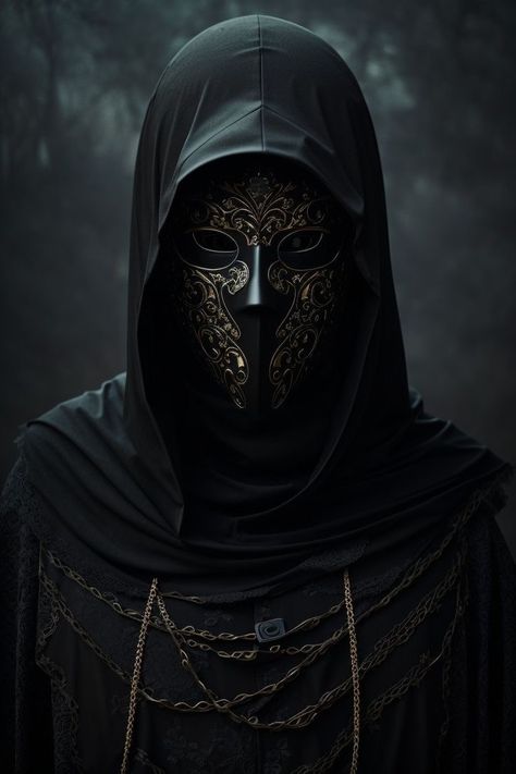 Cloaked Masked Character, Assassin Mask Design, Noir Fantasy Art, Masked Archer, Mask Concept Art, Dark Priest, Faceless Character, Villain Design, Dark Mask