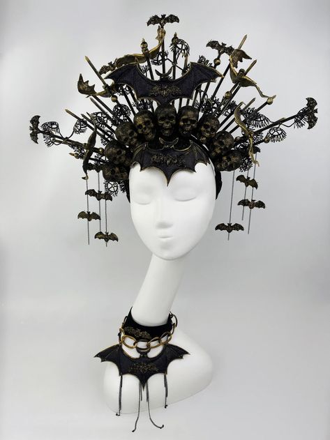 Goth Headpiece, Vampire Crown, Goth Crown, Fantasy Headdress, Queen Headpiece, Halloween Headpiece, Bat Hat, Gothic Headpiece, Gold Halo Crown