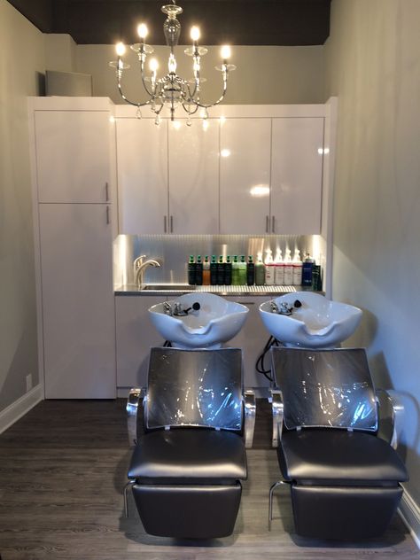 shampoo bowls with custom cabinets #interiors #salon #atelies113 Desain Salon Kuku, Small Salon Designs, Small Hair Salon, Salon Interior Design Ideas, Small Salon, Salon Design Ideas, Home Hair Salons, Hair Salon Design, Salon Shampoo