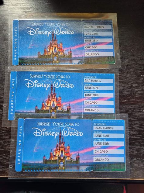 BIG THANKS for another mom in this group for the idea... I made "fake" tickets for our kids 1st Disney trip. And had them laminated at Staples for their keepsake boxes. We're 70 days out but I've been hiding clothes and secretly packing for our trip while they're in school. We'll surprise them the night before we leave 😁 1st Disney Trip, Disney Vacation Surprise, Orlando Florida Vacation, Disney Trip Surprise, Family Disney Shirts Matching, Surprise Vacation, Disney Surprise, Disney Word, Disney Family Vacation Shirts