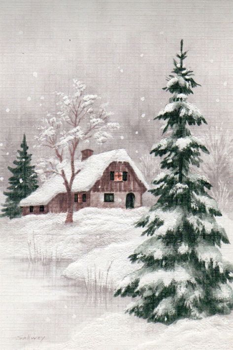 Outdoor Christmas Decorations Ideas, Winter Scene Paintings, Plan For The Day, Peisaj Abstract, Christmas Decorations Ideas, Winter Landscape Painting, Barn Painting, Winter Watercolor, Christmas Card Art