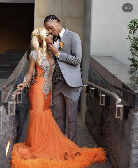 Cute Prom Colors For Black Couples, Burnt Orange Prom Dress Black Couple, Orange And Grey Prom Couple, Orange Prom Dress With Date, Orange Prom Dresses Black Women, Prom Couples Black People, Prom Colors For Couples, Prom Dates Couples, Prom Black Couples