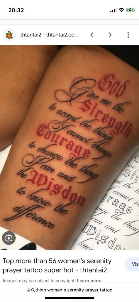 Serenity Prayer Tattoo Women, God Grant Me The Serenity Tattoo, Serenity Prayer Tattoo Design, Serenity Prayer Tattoo, Serenity Tattoo, Prayer Tattoo, God Grant Me The Serenity, Grant Me The Serenity, Thigh Tattoos Women