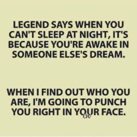 Legend says when you can't sleep @ night, it's bc you're awake in someone's dream. When I find out who you are, I'm going to punch u right in ur face. Cant Sleep Quotes, Cant Sleep At Night, When You Cant Sleep, Sleep Quotes, Can't Sleep, Daily Funny, Cant Sleep, Twisted Humor, Sarcastic Quotes