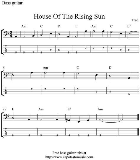 Free Beginner Guitar Sheet Music | Free bass tab sheet music, House Of The Rising Sun Bass Guitar Chords Songs, Mandolin Tabs Sheet Music, Bass Guitar Music, Easy Bass Tabs Songs, Bass Tabs Beginner, Bass Tabs Songs, Guitar Music Sheets, Ukulele Fingerpicking Songs, Ukulele Tabs Songs