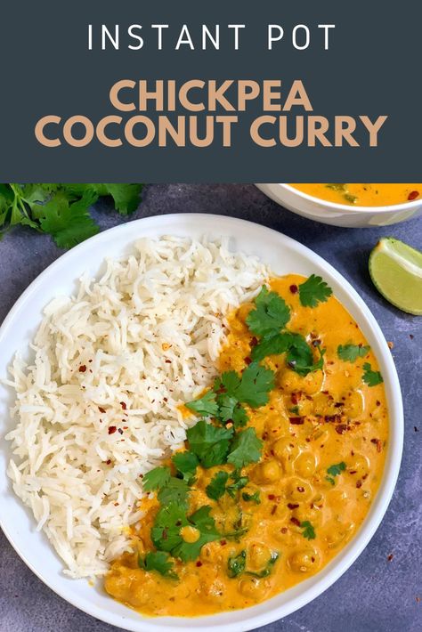 This Vegan Chickpea Coconut Curry is super flavorful ,hearty ,healthy and easy to make in instant pot pressure cooker or stove top just under 30 minutes for busy weeknights. Coconut Chickpea Curry, White Basmati Rice, Potato Cups, Coconut Chickpea, Chickpeas Curry, Coconut Curry Recipes, Vegan Chickpea Curry, Chickpea Coconut Curry, Vegan Instant Pot Recipes