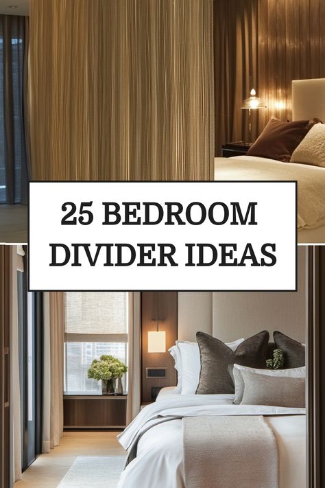 25 bedroom divider ideas overlaid on images of stylish, cozy bedroom designs separated by dividers. Room Divider Wardrobe Ideas, Curtain Wall Divider Bedroom, Room Divider As Bed Headboard, Bedroom Separation Ideas, Curtain Walk In Closet, Room Divider Closet Ideas, Room Divider Behind Bed, Separate Bedroom From Living Room, Dividing A Room With Curtains