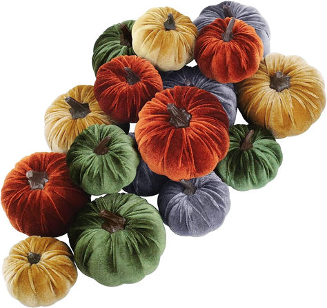 16 Pcs Assorted Small Faux Rustic Harvest Velvet Pumpkins Decorative Rust Orange Gold Olive Gray Fabric Pumpkins Foam Pumpkins for Farmhouse Fall Thanksgiving Halloween Table Centerpiece Mantel Decor Halloween Table Centerpieces, Place Settings Thanksgiving, Rustic Thanksgiving, Fall Tiered Tray Decor, Artificial Pumpkins, Foam Pumpkins, Halloween Centerpiece, Fall Wedding Centerpieces, Faux Pumpkins