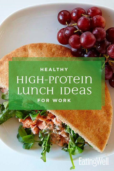 Kick the afternoon slump to the curb with a healthy lunch that satisfies. Adding lean protein like chicken, lean beef, low-fat dairy and beans to your lunch will help keep you feeling full and satisfied longer. These healthy packable lunch recipes have 15 or more grams of protein per serving. #lunch #lunchideas #healthylunchideas #healthylunches #healthylunch #lunchrecipes #recipe #eatingwell #healthy No Dairy Lunch Ideas, Lean Lunch Ideas, Salmon Pita, Veggie Protein Meals, Chicken Grain Bowl, Lean Lunches, Protein Lunch Ideas, Veggie Protein, High Protein Lunch Ideas