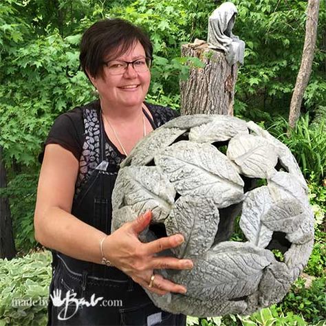 DIY Gigantic Concrete Leaf Orb - Made By Barb - lightweight Garden Sphere Cement Leaves, Concrete Leaves, Garden Spheres, Cement Garden, Garden Balls, Concrete Diy Projects, Cement Planters, Tanah Liat, Concrete Crafts