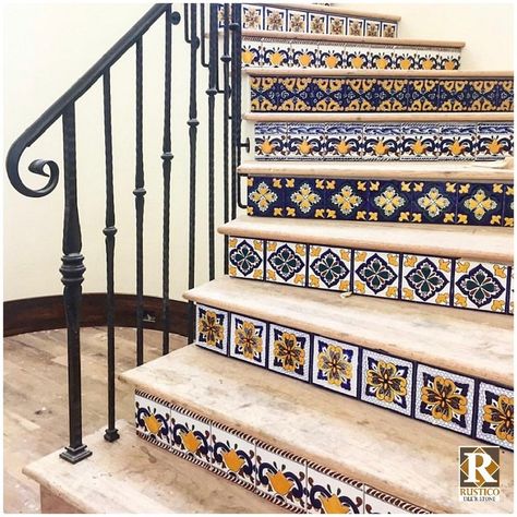 Talavera House Decor, Talavera Stairs, Mexican Tile Stairs, Mexican Aesthetic, Tiled Staircase, Rustic Staircase, Mexican House, Stair Design, Mexican Talavera Tile