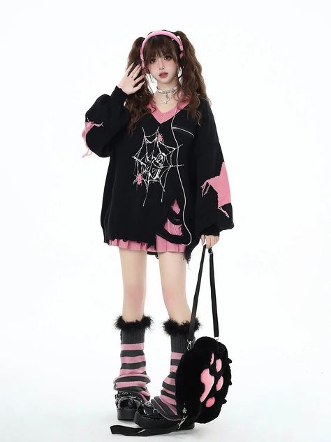 DetailsMaterial: PolyesterCollar: V-neck Japanese Black Outfit, Japanese Grunge Fashion, Pink Oversized Sweater, Oversized Knitted Sweaters, Women Sweater, Harajuku Fashion, Sweaters Oversized, Grunge Fashion, Japanese Fashion