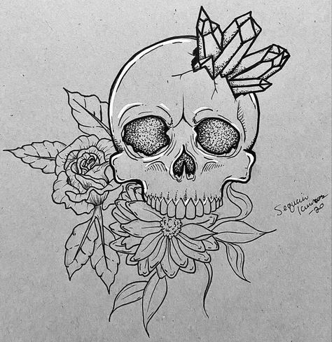 Skull Outline Drawing, Crystal Skull Tattoo, Skull And Crystals Drawing, Skull And Flower Tattoo Drawing, Simple Skull And Flower Tattoo Drawing, Skull With Crystals Tattoo, Skull With Crystals Drawing, Skull Crystal Drawing, Skull Mushroom Flower Tattoo