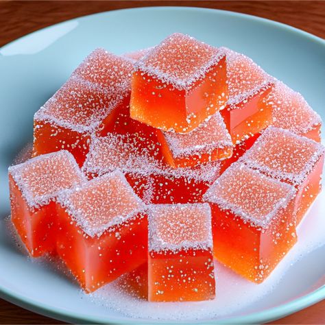 Delight your taste buds with this Fruit Jellies Recipe. Flavor these bite-sized gelatin candy morsels with orange, strawberry or other fruit flavors. Cover with sparkling sugar and set this Fruit Jellies Recipe out for your guests! Orange Jelly Candy, Grape Jello Recipes, Mosaic Jello Recipe, Jello Candy Recipe, Knox Blocks, Gelatin Candy, Jelly Candy Recipe, Jello Ideas, Fruit Jelly Recipe