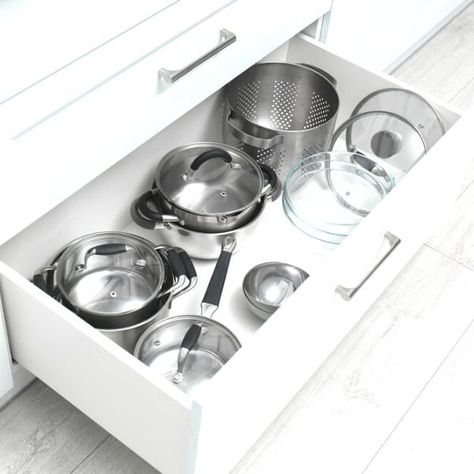 Pans Organised In A Pan Drawer In The Kitchen Kitchen Drawer Organization Ideas Pots And Pans, Deep Pot And Pan Drawer, Storing Pots And Pans In Drawers, Pan Drawer Organisation, Pans Storage Ideas, Kitchen Pots And Pans Storage, Pot And Pan Organization, Pots And Pans Drawer, Pots And Pans Storage