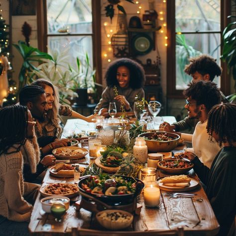 Family Dinner Gathering: A joyful family gathering around a bountiful dinner table filled with love, laughter, and food. #family #dinner #gathering #joy #laughter #aiart #aiphoto #stockcake ⬇️ Download and 📝 Prompt 👉 https://ayr.app/l/Cib3 Bible Study Dinner Party, Social Gathering Aesthetic, Family Meal Aesthetic, Dinner With Friends Photography, People Cooking Together, Family Gathering Photography, Family Dinner Photography, Black Family Gathering, Black Family Dinner