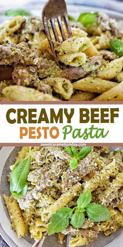 Fork in beef pasta with pesto. There is text written between 2 images. Beef Pesto Recipes, Ground Beef And Pesto Recipe, Ground Beef Pesto Recipes, Steak And Pesto Pasta, Beef Pesto Pasta, Pesto Ground Beef, Steak Pesto Pasta, Basil Pesto Recipe Meals, Ground Beef Pesto