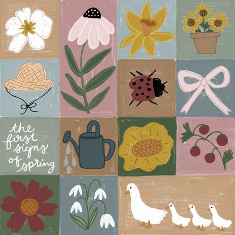 The first signs of spring ◡̈ March Illustration Month, Spring Calendar Ideas, Spring Garden Aesthetic, Cottagecore Phone Theme, March Widget, Spring Illustration Art, Spring Symbols, March Clipart, Diy Calendar Ideas