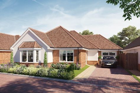 New Bungalow home in Broadbridge Heath, West Sussex from Bellway Homes New Build Bungalow, British Bungalow, Small Bungalow Exterior, Uk Bungalow, Irish Bungalow, Bungalow Inspiration, Traditional Bungalow, Brick Rendering, Bellway Homes