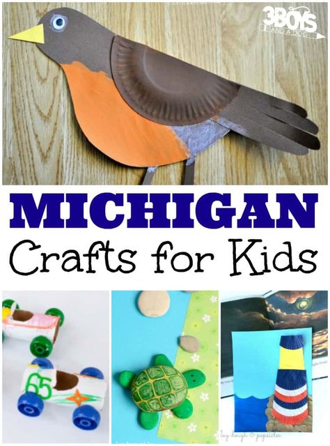 The state of Michigan is one of the most northern states in the U.S. In fact, one of its borders is the country of Canada! But while Michigan has extremely cold winters, it also has plenty of wildlife, history, and interesting sights for kids to learn about as they study the state! Add to your Michigan state unit study with these neat Michigan crafts for kids! These include animals that live in the area, cultural and historical events from the state's founding, and geographic landforms that will Michigan Crafts For Preschool, Michigan Preschool Activities, Usa Activities, Wildlife Crafts, Michigan Crafts, February Lessons, Oak Room, Michigan Adventures, State Crafts