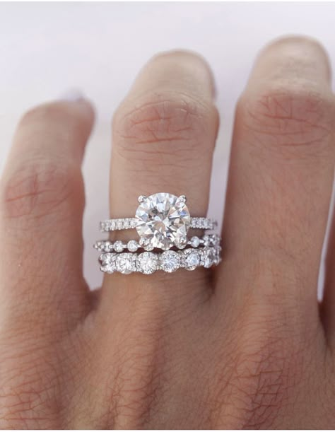 Promise Ring Stack Wedding Bands, 3 Set Wedding Rings, Eternity Ring Stack Ideas, Moissanite Ring Stack, Wedding Ring Anniversary Upgrade, Third Wedding Band, White Gold Stackable Wedding Bands, 4 Ring Wedding Stack, Round Diamond Wedding Ring Stack