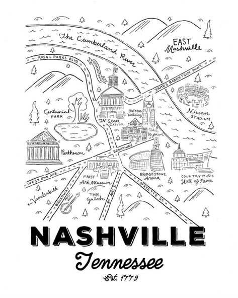 Nashville Map Illustration, Nashville Wallpaper Aesthetic, Nashville Tennessee Map, Map Of Nashville, January Bujo, Nashville Graphic, Nashville Map, Nashville Homes, Nashville Vacation