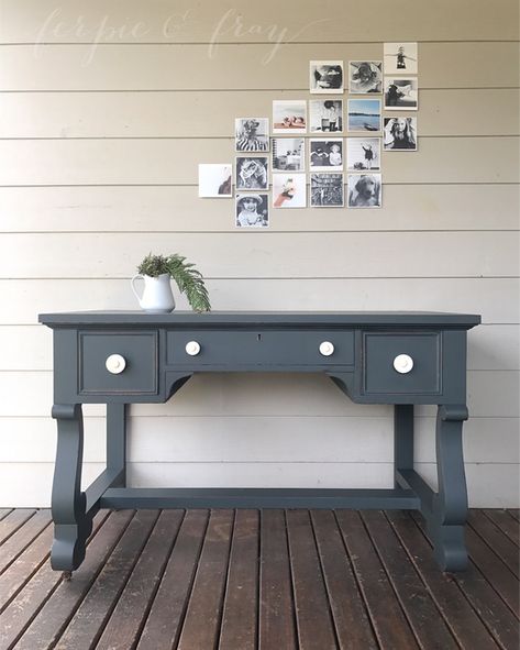 What a gorgeous desk this is by Amanda of Ferpie and Fray!  Amanda explains, "I used the color Slate Gray Chalk Style Paint, its really pretty! I was expecting a dark grey but was pleasantly surprised to find blue/green undertones. It really is the perfect shade. I sealed with Flat out Flat for a little extra durability." Gray Painted Furniture, Office Update, Furniture Upcycle, Gray Chalk Paint, Den Ideas, Staging Ideas, Blue Desk, Upscale Furniture, Painted Desk