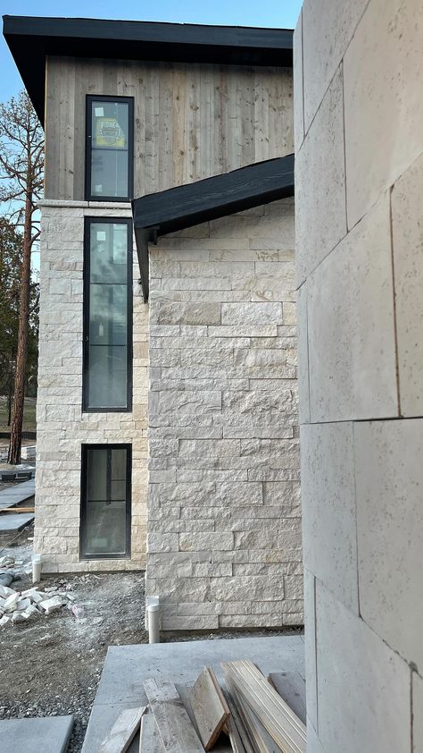 misaliddiard on Instagram: Our exterior is stucco in White Dove by BJM, limestone, and barnboard. The barnboard adds warmth and gives our home the Texas Hill Country… White Stone Exterior House Modern, Stone And Wood Exterior, Limestone And Board And Batten Exterior, Outside Stone On House, Modern Limestone Exterior, Austin White Limestone Exterior, Modern Stone Exterior, Limestone Exterior House, Exterior Paint Colors With Texas Limestone