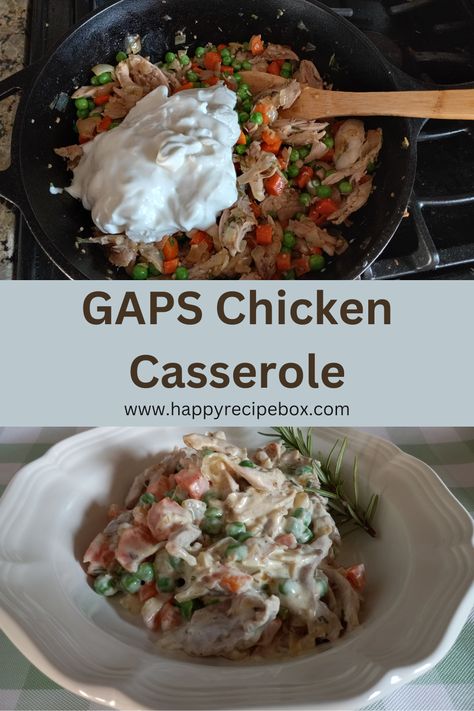 GAPS chicken casserole made on the stove top with leftover chicken, veggies, and sour cream. Fast and easy, while also GAPS compliant, gluten free, and grain free. Gaps Stage 1 Recipes, Gaps Breakfast, Gaps Intro, Gaps Diet Recipes, Creamy Chicken Casserole, Gaps Recipes, Scd Diet, Casserole Easy, Quick Chicken Recipes