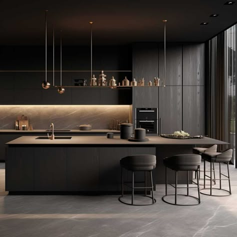 Diagonal Kitchen, Dark Modern Kitchen, Modern Dark Kitchen, Black Modern Kitchen, Modern Black Kitchen, Black Kitchen Island, Modern Cabinet, Black Kitchen Cabinets, Dark Kitchen