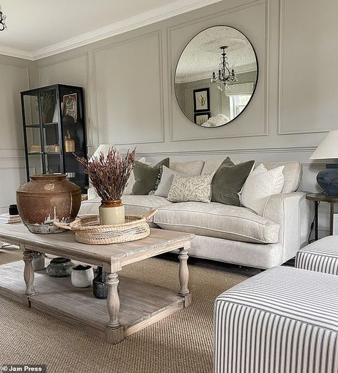 The couple refreshed the walls with coats of neutral-toned paint, which they paired with similar-toned carpets Lounge Room Styling, Living Room Panelling, Country Style Living Room, Cottage Living Rooms, Cosy Living Room, Living Room Design Inspiration, Neutral Living Room, Country Living Room, Ideas Living Room