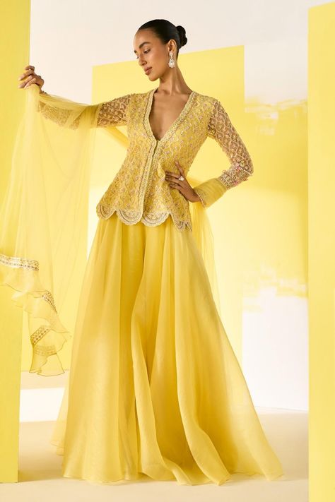 Yellow Sequin, Bead, Pearl and Thread Embroidered Peplum Top Sharara Set Maxi Dress Net Fabric, Embroidery Layout, Net Sharara, Sufi Night, Flared Sharara, Peplum Top Outfits, Haldi Dress, Ridhi Mehra, Sharara Designs