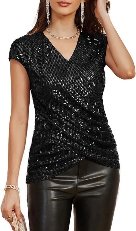 Womens Sparkle Sequin Top Shimmer Glitter Blouse Twist Front V Neck Cap Sleeve Club Cocktail Party Shirt Purple M at Amazon Women’s Clothing store Metallic Clothing, Sparkly Sequin Top, Front Twist Top, Glitter Blouse, Black Sequin Top, Best Blazer, Summer Things, Women Lace Dress, Twist Front Top