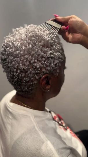 5.9K reactions · 216 shares | 🔥 @nealfarinahsalon 
The beauty of silver hair 👩🏾‍🦳

Gorgeous curl definition and cut by @nyasiabstyles 😍
.
.
.
#fingercoils #naturalhair #coils #silverhair #greyhair #shortnaturalhairstyle | _MyNaturalHairJoint | mr_mytime88 · Original audio Silver Hair On Dark Skin, Black Naturally Curly Hair, Finger Coils, Curl Definition, Natural Hair Short Cuts, Spiral Curls, Very Short Hair, Short Natural Hair Styles, Hair Short