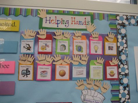 Students love to share the responsibility in the classroom. Having "Helping Hands" allows them to show how responsible they are. It was super easy to make. Just printed out some cute pictures for each classroom job, and glued them to mini envelopes. Then bought the little hands at a teacher's store and glued them to popsicle sticks. Responsible Bulletin Board, Clever Classroom Ideas, Preschool Set Up, Soft Board Decoration, Classroom Job Chart, Third Grade Activities, Classroom Management Elementary, Job Chart, Clever Classroom