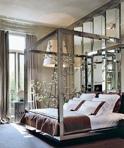 four poster bed w/mirrored canopy - #dreamhome Paris Apartment Bedroom, Mirrored Walls, Parisian Bedroom, Glamorous Decor, Four Poster Bed, Romantic Home Decor, Four Poster, Poster Bed, Dreamy Bedrooms