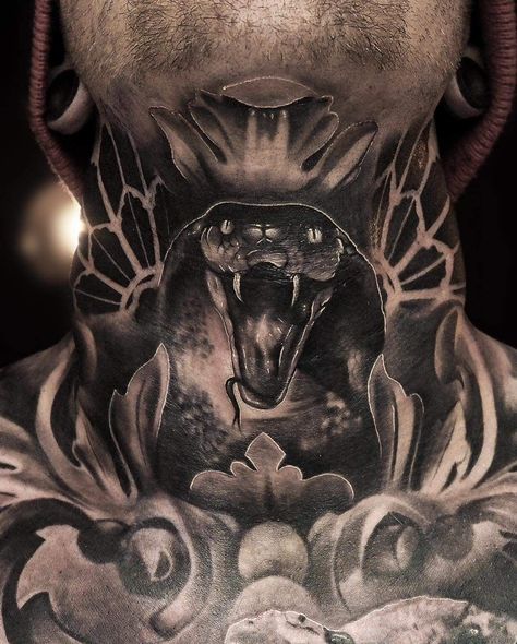 Cobra Neck Tattoo, Mens Emo Tattoos, Full Throat Tattoo Men, Dark Neck Tattoo, Throat Tattoo For Guys, Throat Tattoo Men, Back Of Neck Tattoo Men, Front Neck Tattoo, Full Neck Tattoos