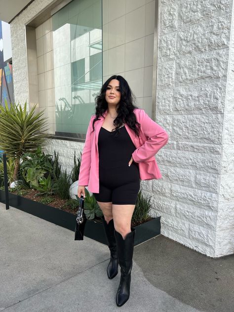 Jumpsuit, romper, blazer, spring ootd, plus size, cowboy boots Black Cowboy Boots Outfit Plus Size, Cowboy Boot Outfits Plus Size, Cowboy Boots Plus Size Outfit, Jumpsuit With Cowboy Boots, Plus Size Cowboy Boots Outfit, Boots Outfit Plus Size, Blazer Jumpsuit, Ootd Plus Size, Black Cowboy Boots Outfit