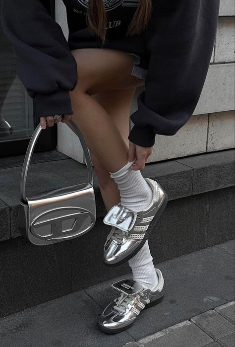 Silver Samba Outfit, Silver Casual Sneakers For Streetwear, Silver Sambas Adidas, Silver Sambas, Wales Bonner Samba Silver Outfit, Metallic Sneakers Outfit, Silver Bag Outfit, Samba Accessories, Silver Samba