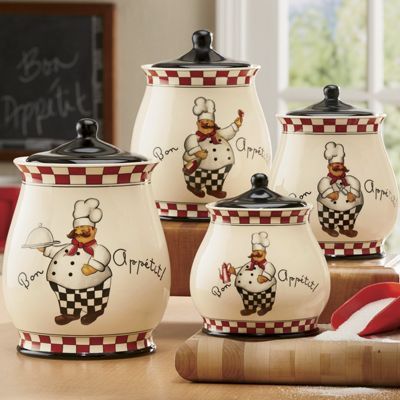 Bon Appetit Chef 4-Piece Canister Set Chefs Kitchen Theme, Bistro Kitchen Decor, Chef Decorations, Fat Chef Kitchen Decor, Quirky Kitchen Decor, Theme Bedrooms, Bistro Kitchen, Kitchen Decor Sets, Chef Kitchen Decor