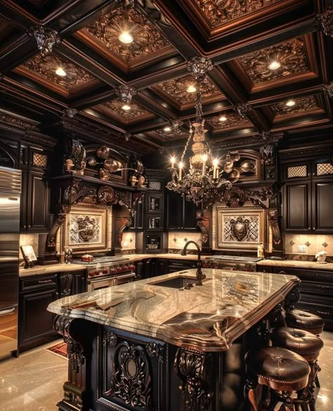 Houses Interior Kitchen, Baroque Kitchen, Fantasy Castle Kitchen, Castle Kitchen, Castle Aesthetic Kitchen, Kitchen Royal Aesthetic, Gothic Castle Aesthetic Interior, Castle Aesthetic Interior Kitchen, Dark Castle Aesthetic Interior Bedroom