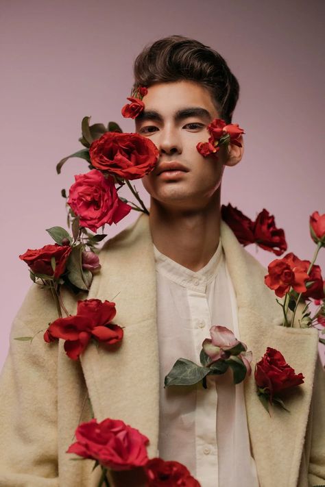 Male Model With Red Roses · Free Stock Photo Man With Flowers, Valentine Photo Shoot, Flower Photoshoot, Men Photoshoot, Photo Editing Services, Valentine Photo, Professional Photo, Studio Photography, Male Model