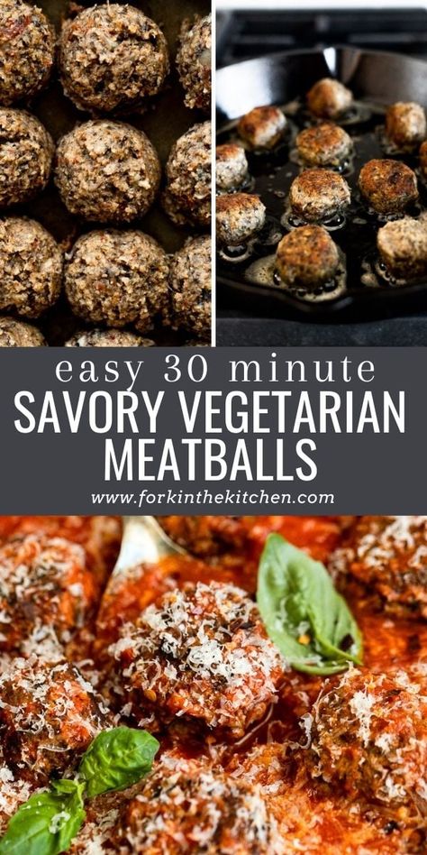 These vegetarian meatballs are so easy to make and ready in 30 minutes for a quick dinner the whole family will love! Their base of chickpeas, mushrooms, and sun-dried tomatoes means a whole lotta texture and umami flavor. Even the meat-eaters in your life will love them. Serve them as an appetizer for a party or a quick weeknight dinner over spaghetti or in a sub sandwich. Vegetarian Meatballs Recipe, Vegetarian Burgers, Meatless Dinners, Traditional Thanksgiving Recipes, Meatless Meatballs, Vegetarian Meatballs, Sub Sandwich, Dinner Vegetarian, Meat Meals