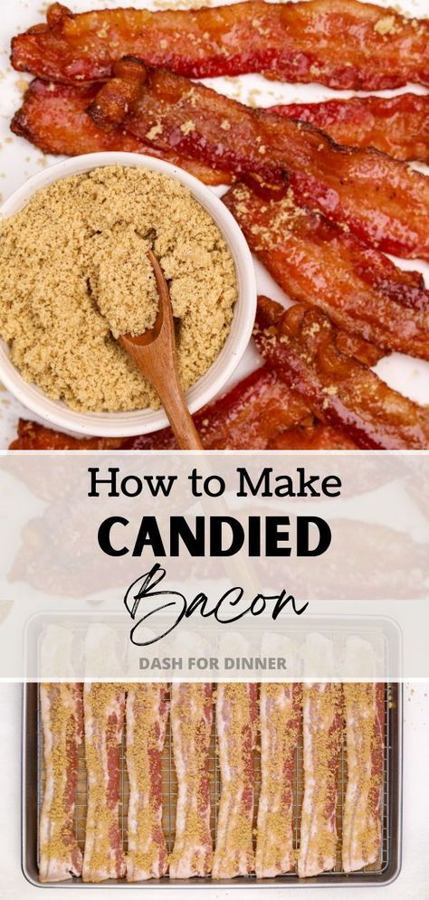 This easy Candied Bacon recipe is the perfect combination of salty and sweet, and is just as good for snacking as it is for layering on juicy burgers and sandwiches. Best of all? It's made with just 3 simple ingredients and ready in just 20 minutes! Candied Bacon In Oven, Baked Candied Bacon, Candid Bacon Recipes, Dunkin Snacking Bacon Recipe, Easy Candied Bacon, Bacon Party Food, Pig Candy Bacon, Easy Snacks 3 Ingredients, Candied Bacon Skewers