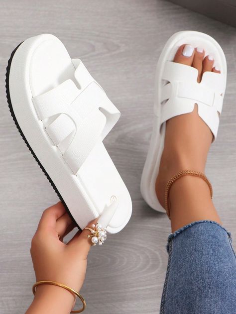 Slides For Ladies, Luxury Women's Platform Slides, Trendy White Slide Platform Slippers, White Platform Slip-on Slides, Casual Slides With Chunky Platform, Synthetic Material, Trendy Slippers, Casual Shoes Women Sneakers, Women Slippers Fashion, Fluffy Shoes