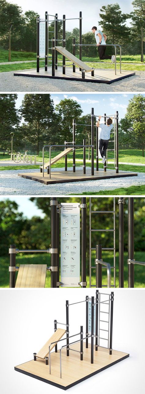 Designed for those of us who aren’t crossfit freaks or gym rats, the Ploschadkus 1 aims to provide a perfect place to workout in any park! The modular unit can be customized in-studio, flat-packed and easily transferred to and between stations in public outdoor spaces. The standard version is fit with a crunch bench, pull up bars, dip bars and a ladder – all the essentials you need to get your core working and your blood pumping. Garden Ladder Ideas, Urban Sanctuary, Calisthenics Gym, Ladder Ideas, Garden Ladder, Outdoor Gym Equipment, Backyard Gym, Workout Stations, Gym Rats